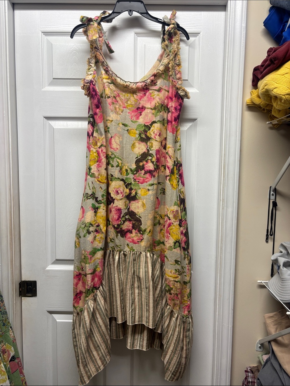 A Rare Bird Floral Ruffle Trim & Tie-Shoulder Sundress with Striped Hem S/M New